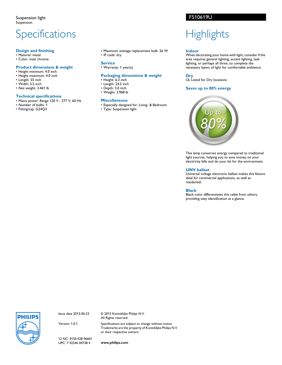 Specifications, Highlights | Philips F510619U User Manual | Page 2 / 2