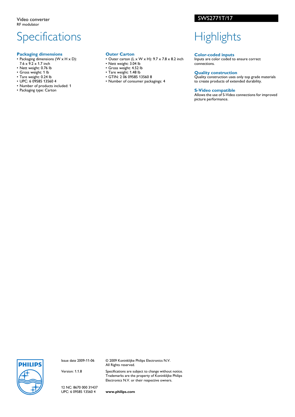 Specifications, Highlights | Philips SWS2771T-17 User Manual | Page 2 / 2