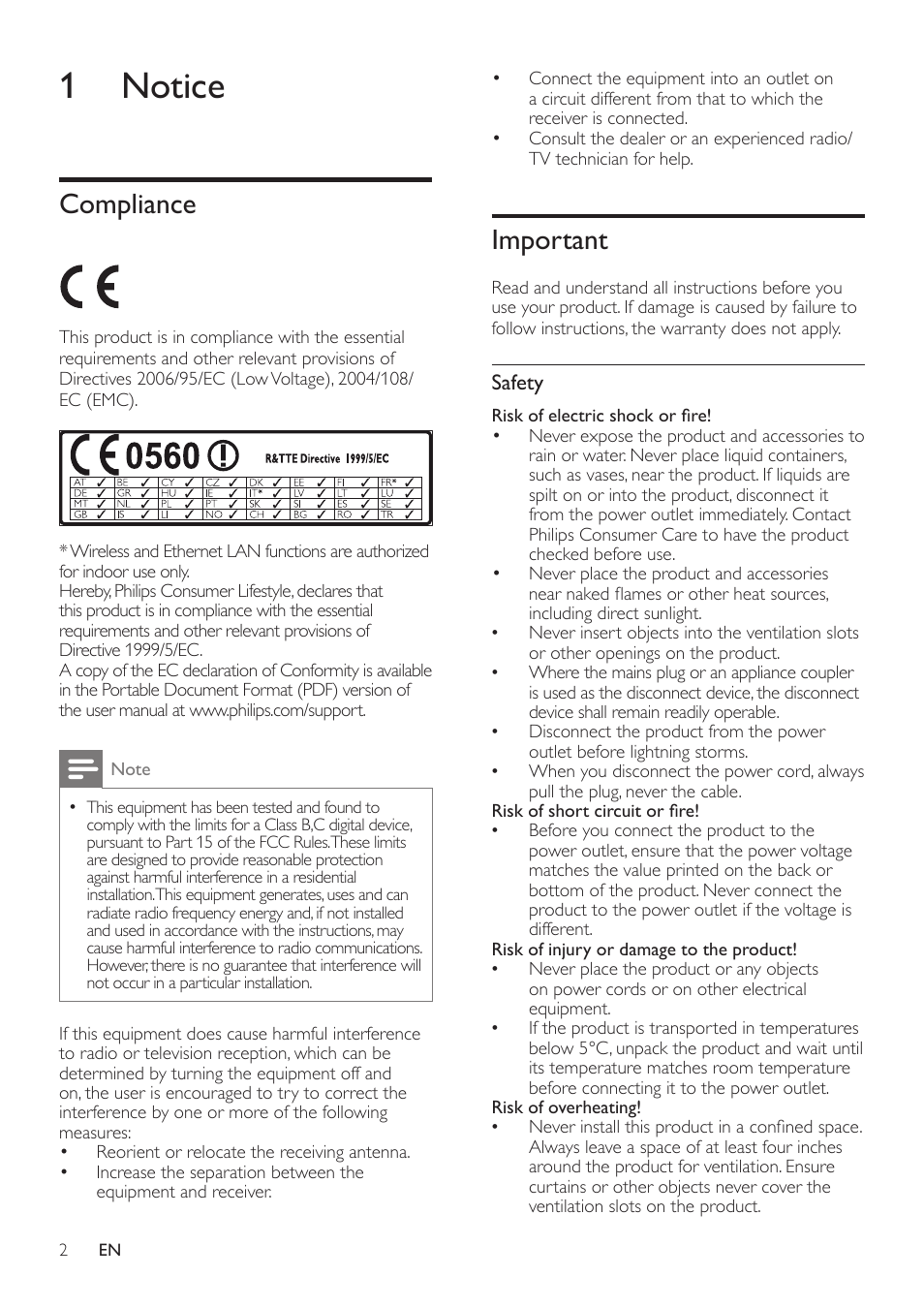 1 notice, Compliance, Important | Safety | Philips RWSS5512-00 User Manual | Page 4 / 9