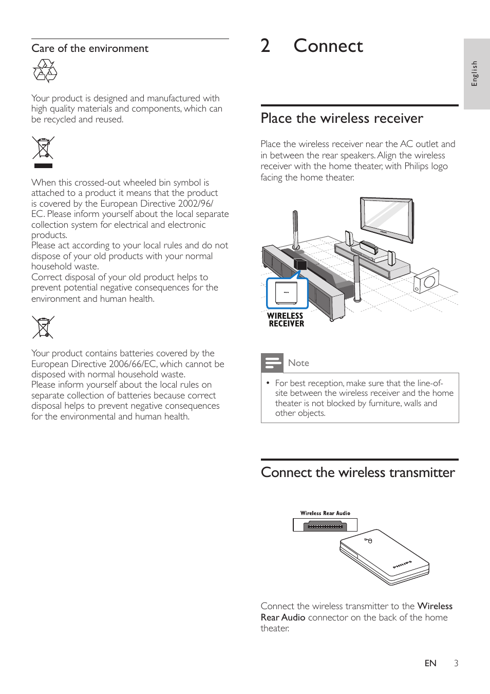 Care of the environment, 2 connect, Place the wireless receiver | Connect the wireless transmitter | Philips RWSS5512-00 User Manual | Page 5 / 9