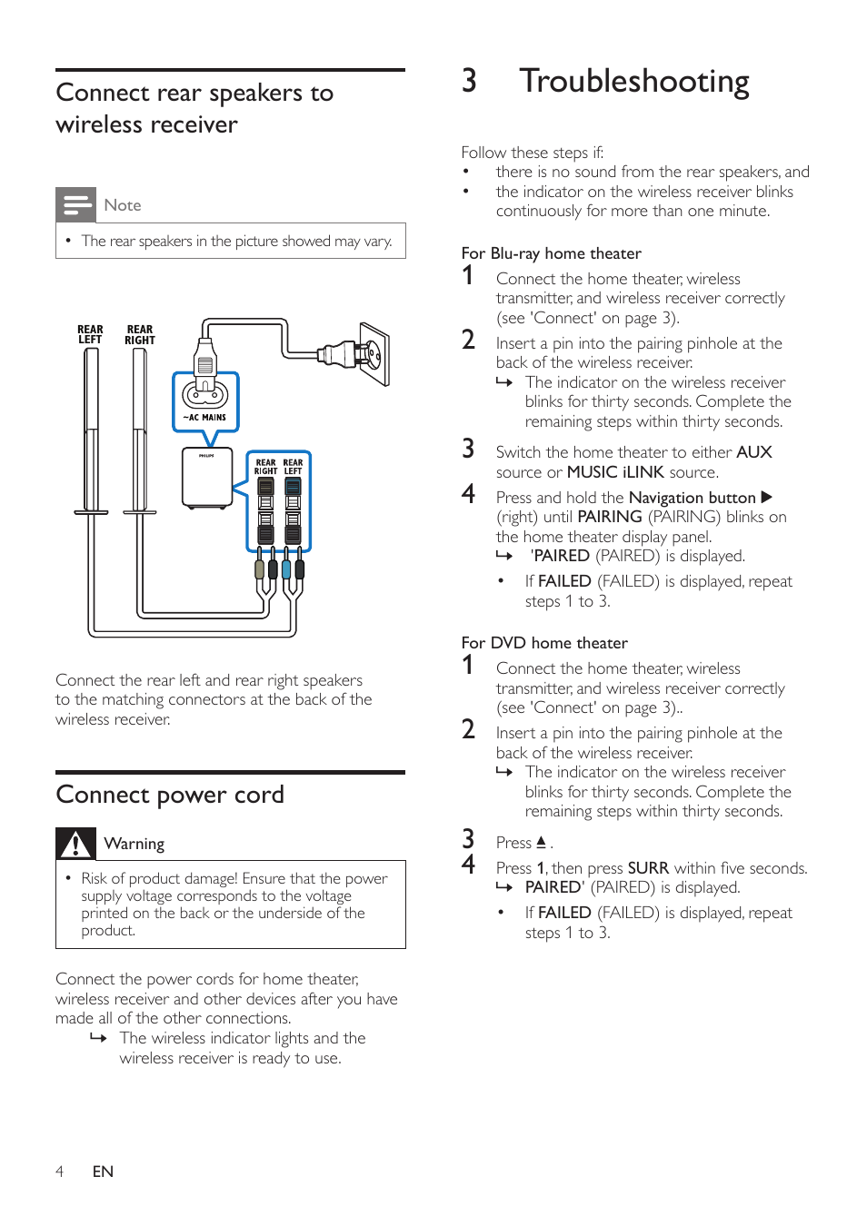 2 connect, Place the wireless receiver, Connect the wireless transmitter | Connect rear speakers to wireless receiver, Connect power cord, 3 troubleshooting | Philips RWSS5512-00 User Manual | Page 6 / 9