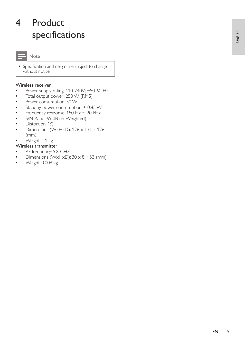 4 product specifications | Philips RWSS5512-00 User Manual | Page 7 / 9