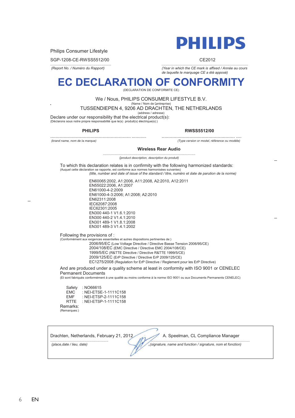 Ec declaration of conformity | Philips RWSS5512-00 User Manual | Page 8 / 9