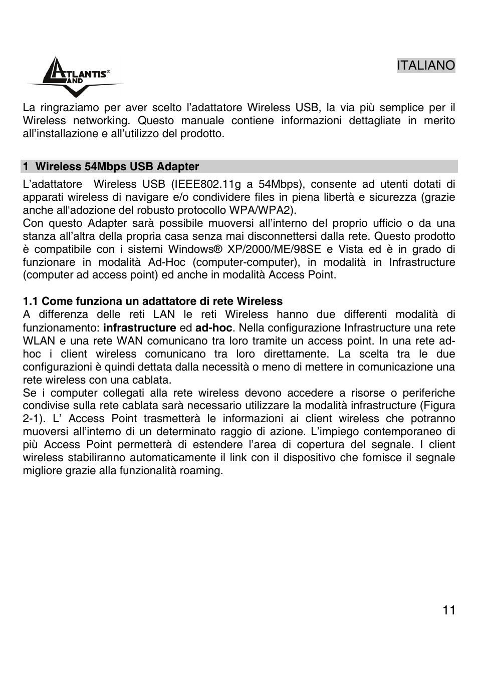 Italiano | Atlantis Land Wireless 54Mbps USB Adapter 6440 A02-UP-W54 User Manual | Page 10 / 89