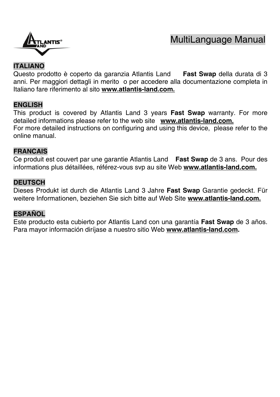 Warranty, Multilanguage manual gu | Atlantis Land Wireless 54Mbps USB Adapter 6440 A02-UP-W54 User Manual | Page 2 / 89