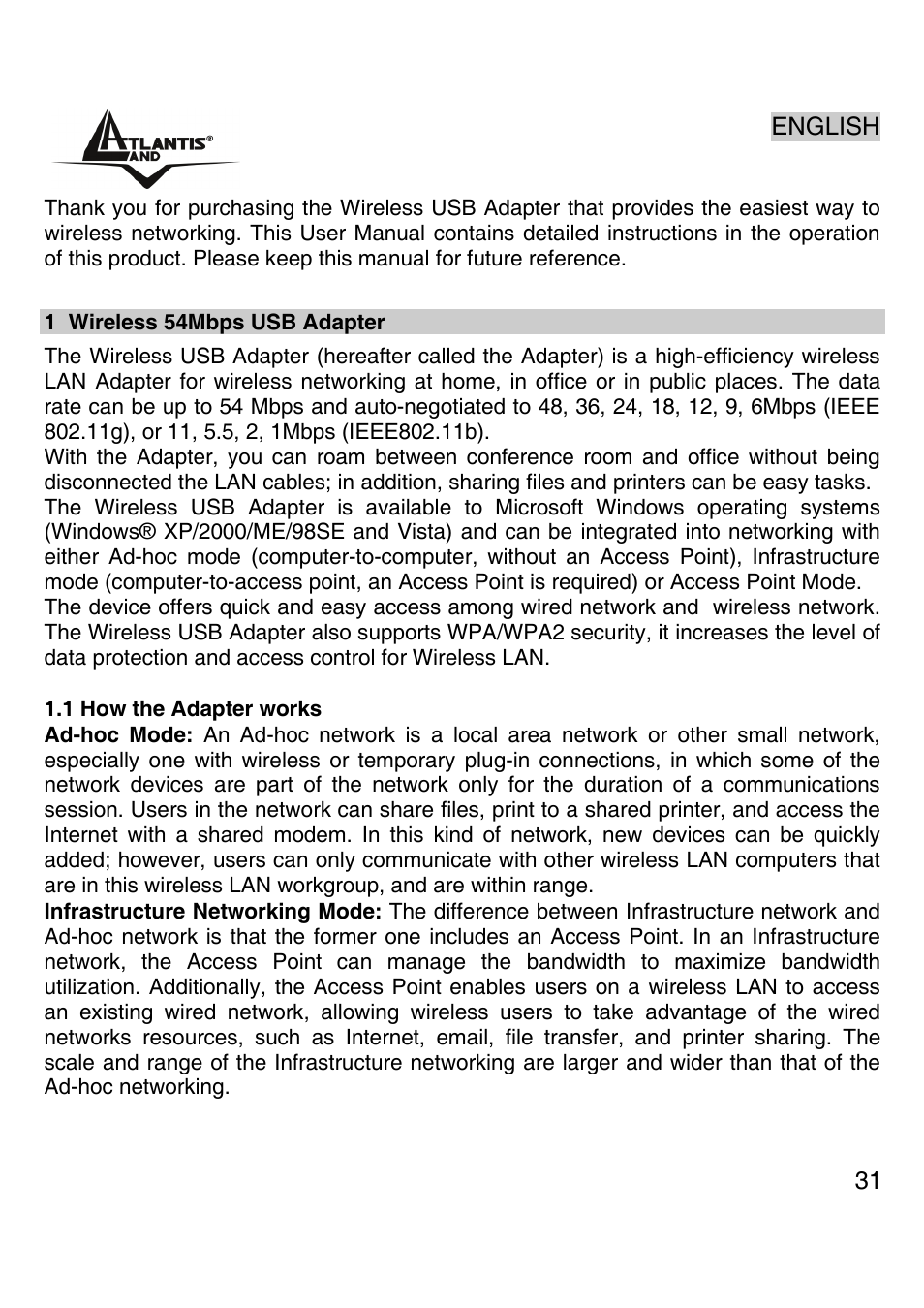 English | Atlantis Land Wireless 54Mbps USB Adapter 6440 A02-UP-W54 User Manual | Page 30 / 89