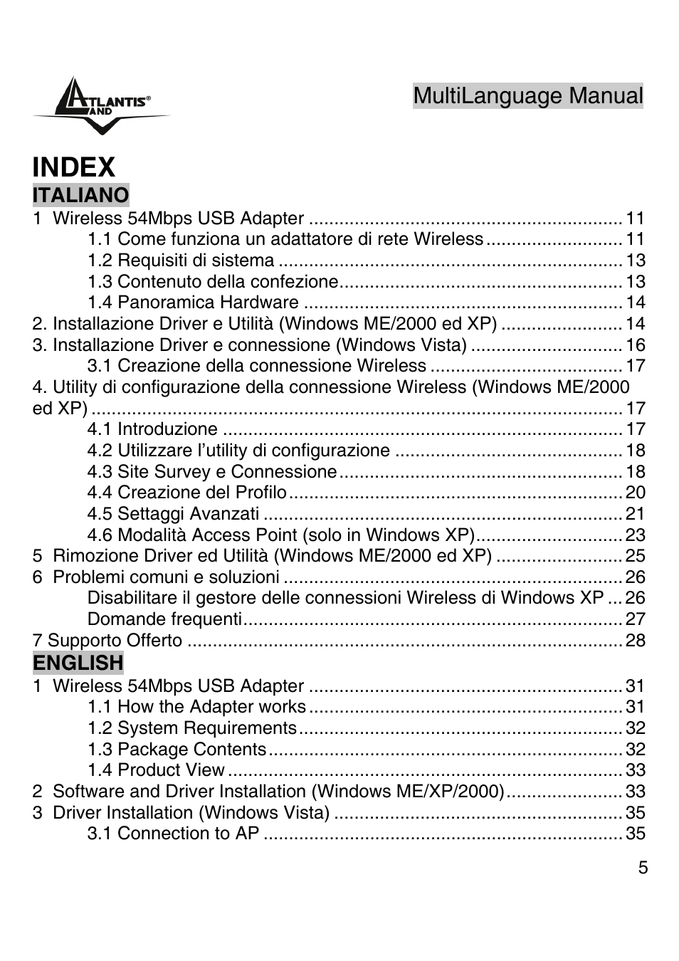 Index, Multilanguage manual gu | Atlantis Land Wireless 54Mbps USB Adapter 6440 A02-UP-W54 User Manual | Page 4 / 89