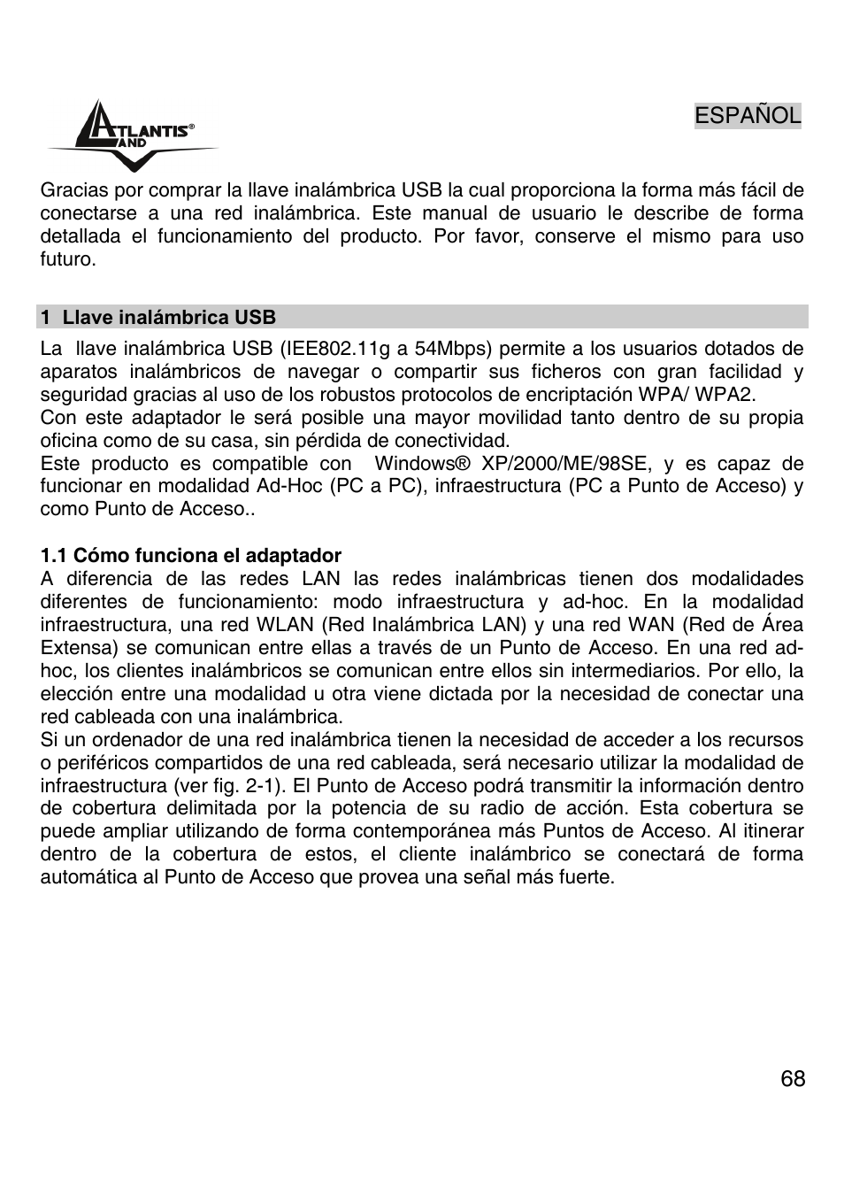 Espanol | Atlantis Land Wireless 54Mbps USB Adapter 6440 A02-UP-W54 User Manual | Page 67 / 89