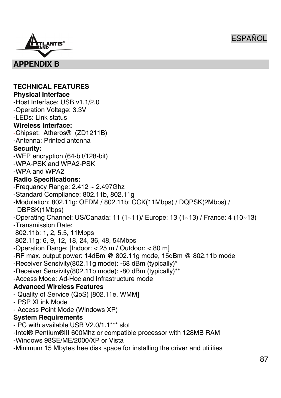 Appendix b: technical features | Atlantis Land Wireless 54Mbps USB Adapter 6440 A02-UP-W54 User Manual | Page 86 / 89