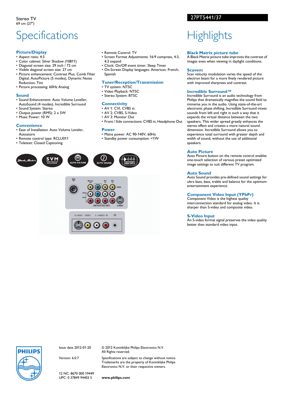 Specifications, Highlights | Philips 27PT5441-37B User Manual | Page 2 / 2