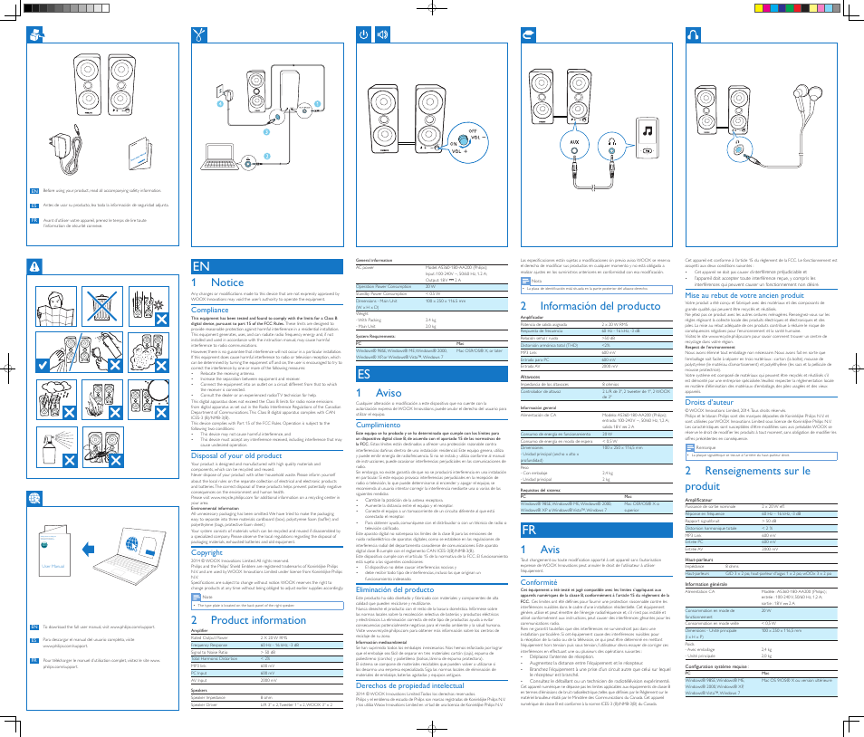 1 notice, 2 product information, 1 aviso | 2 información del producto, 1 avis, 2 renseignements sur le produit | Philips SPA8210-37 User Manual | Page 2 / 2