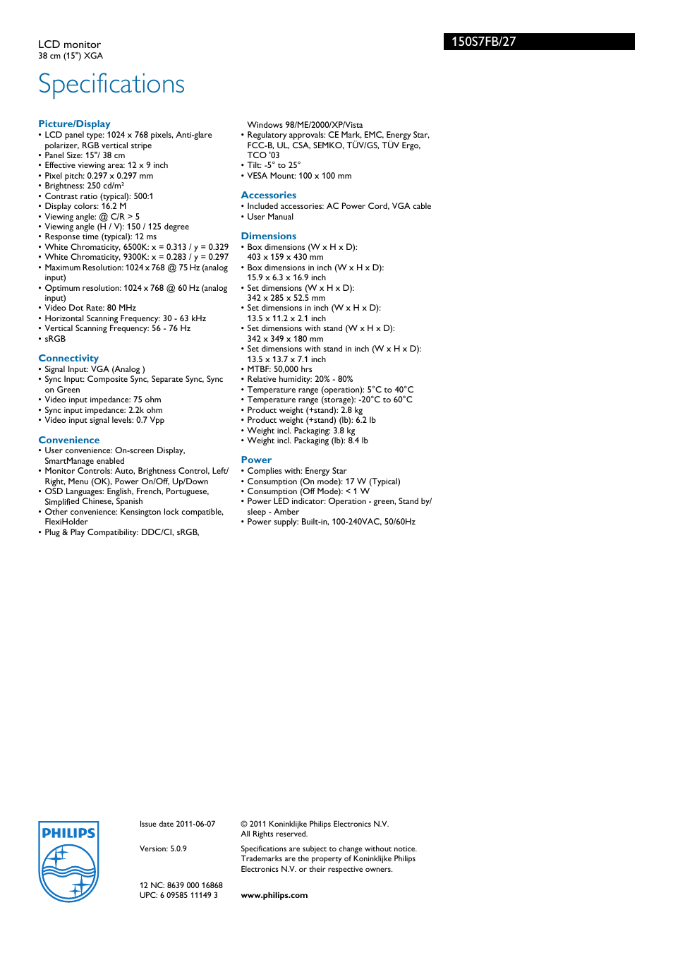 Specifications | Philips 150S7FB-27 User Manual | Page 3 / 3