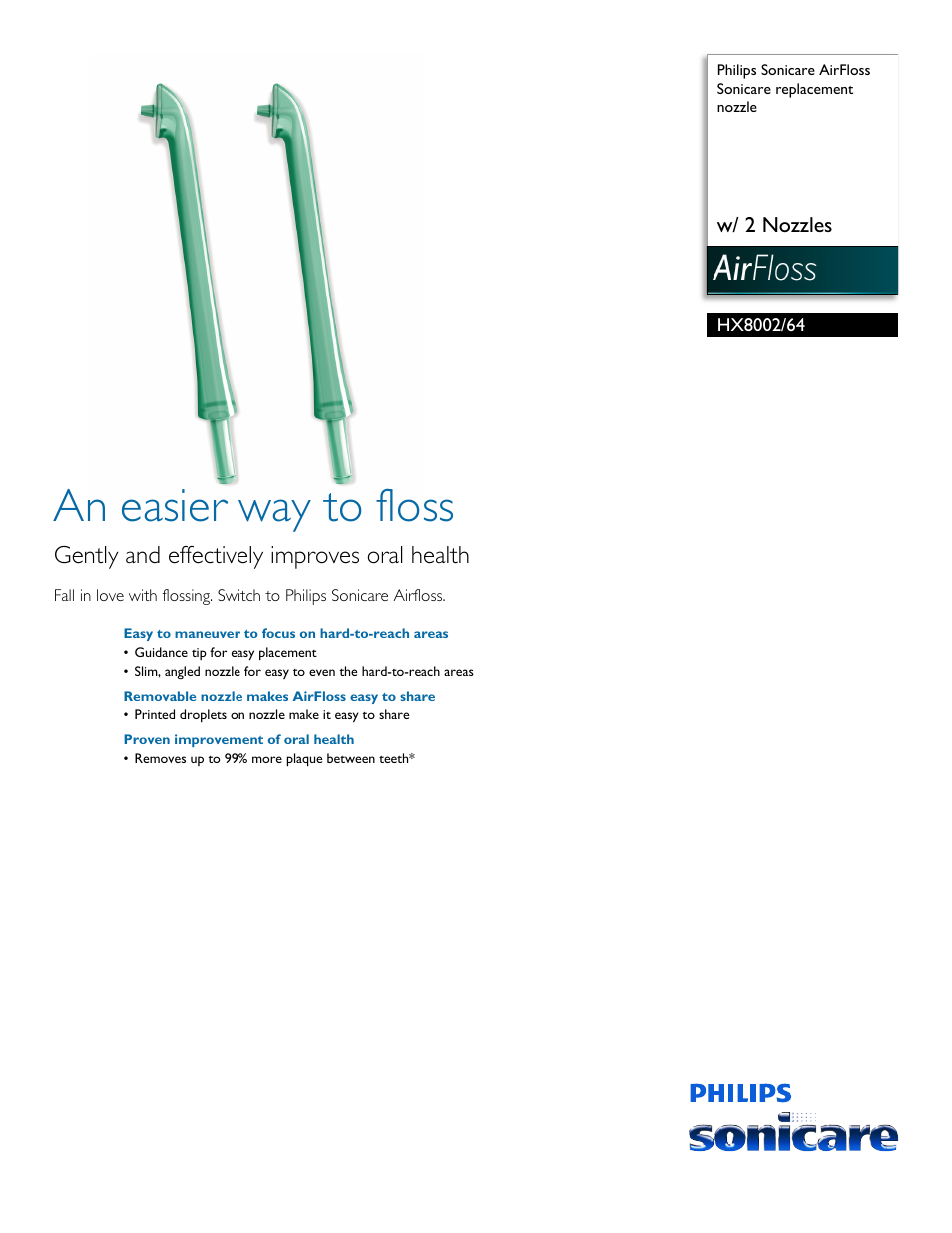 Philips Sonicare AirFloss Sonicare replacement nozzle HX8002-64 w- 2 Nozzles User Manual | 2 pages