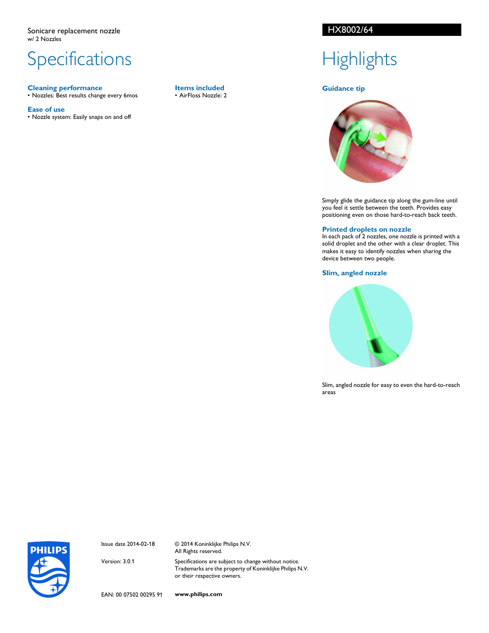 Specifications, Highlights | Philips Sonicare AirFloss Sonicare replacement nozzle HX8002-64 w- 2 Nozzles User Manual | Page 2 / 2