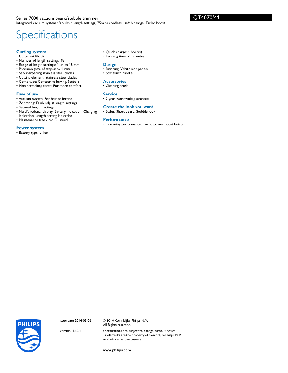 Specifications | Philips QT4070-41 User Manual | Page 3 / 3