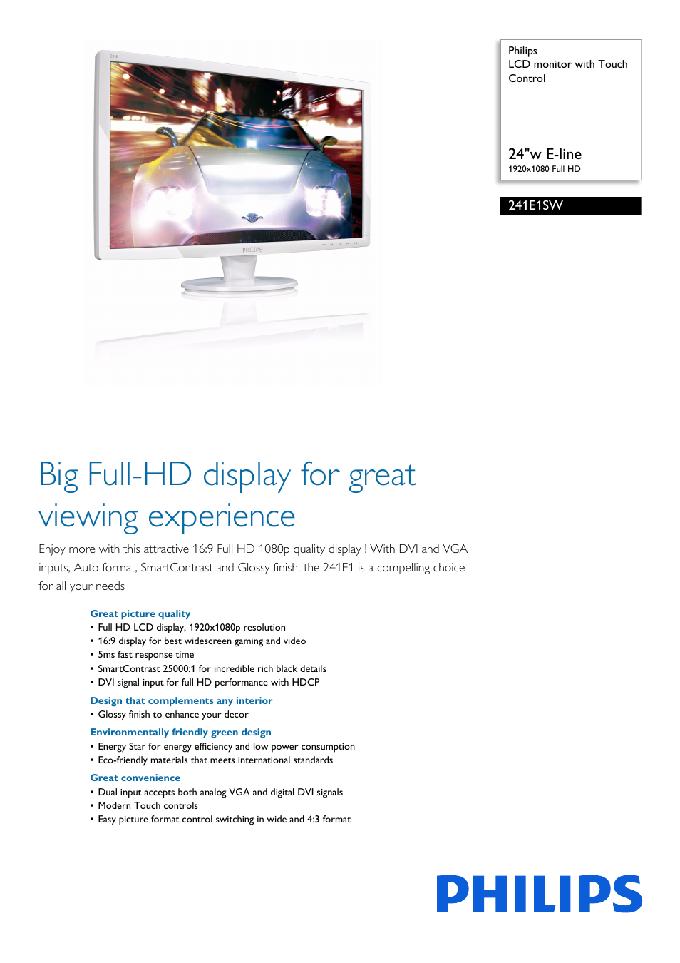 Philips 241E1SW-00 User Manual | 3 pages