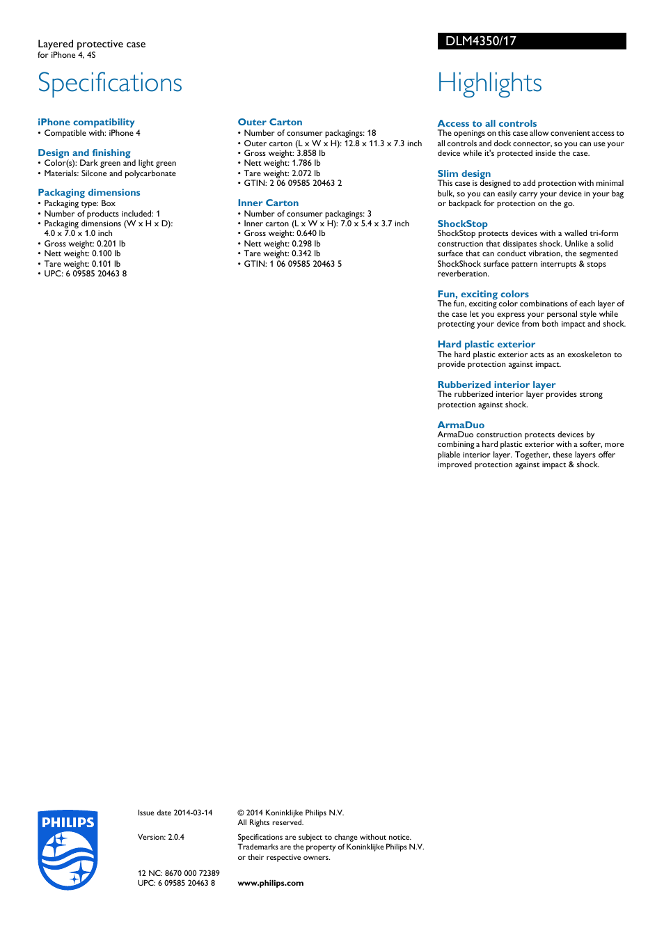 Specifications, Highlights | Philips DLM4350-17 User Manual | Page 2 / 2