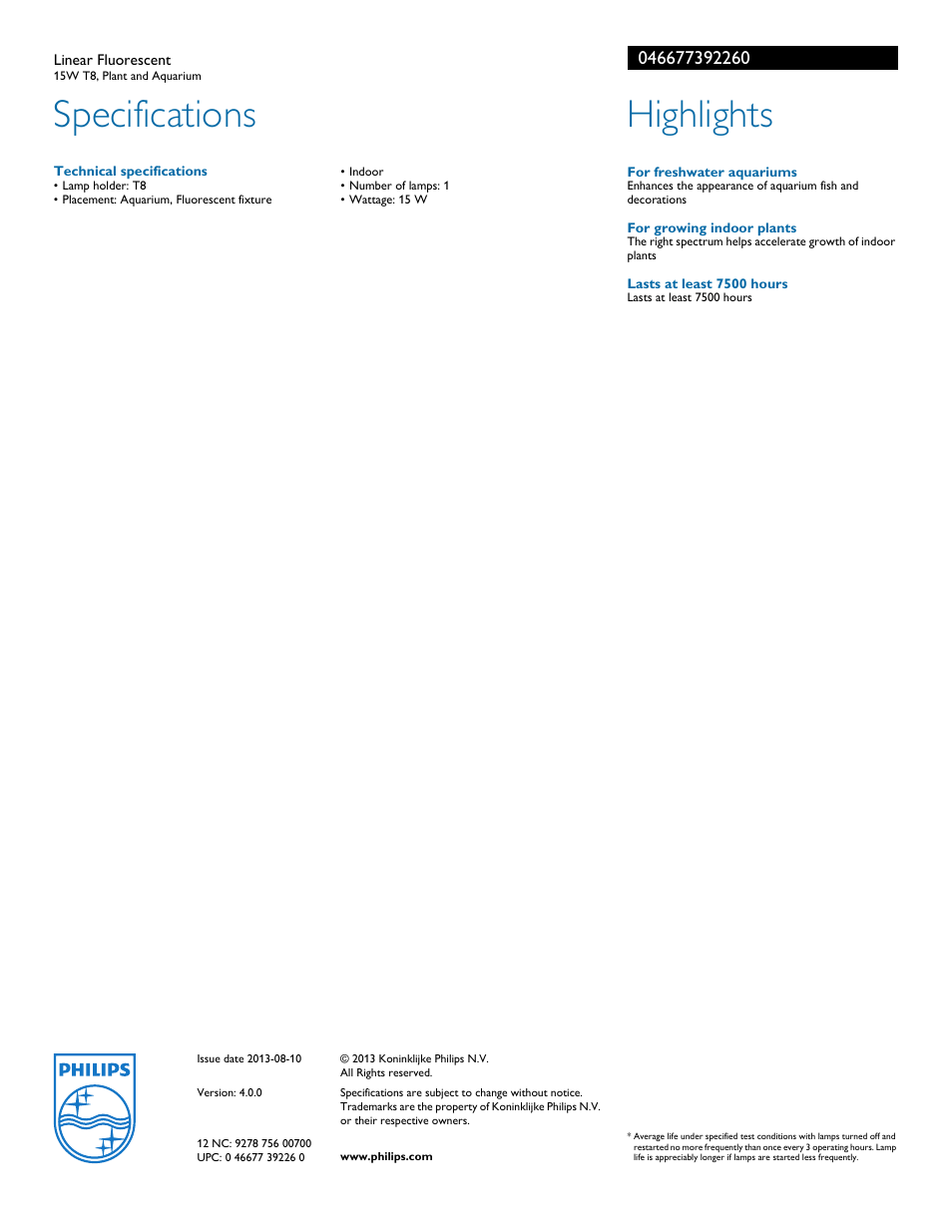 Specifications, Highlights | Philips 046677392260 User Manual | Page 2 / 2