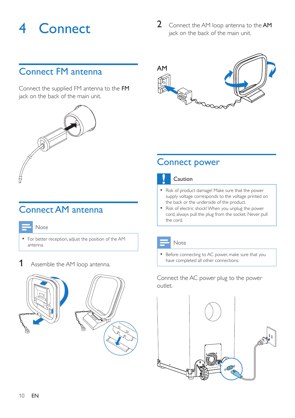 4 connect, Connect fm antenna, Connect am antenna | Connect power | Philips Mini Hi-Fi System NTRX500 650W Bluetooth User Manual | Page 12 / 26