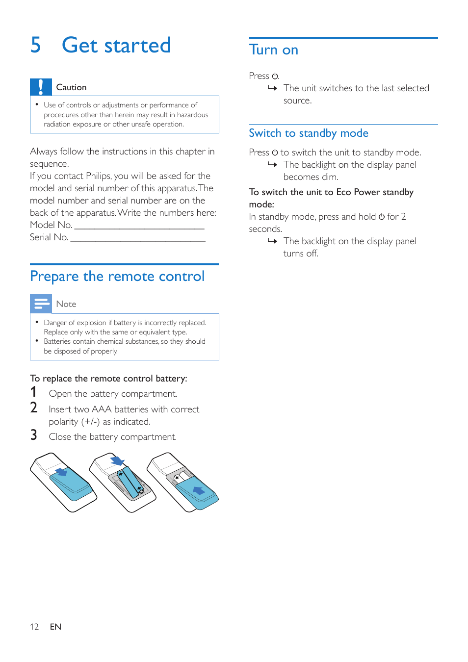 5 get started, Prepare the remote control, Turn on | Philips Mini Hi-Fi System NTRX500 650W Bluetooth User Manual | Page 14 / 26