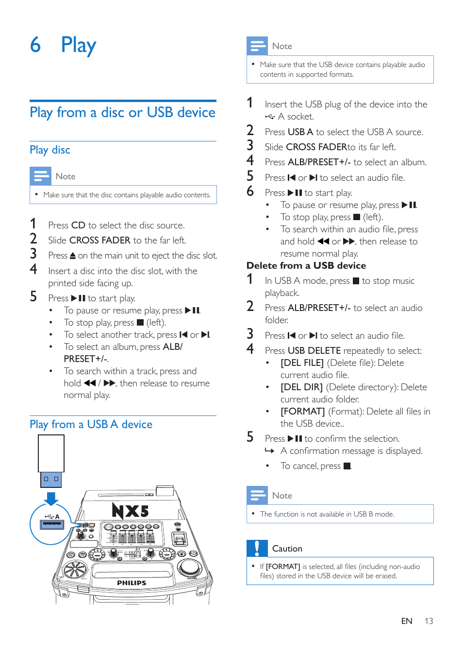 6 play, Play from a disc or usb device | Philips Mini Hi-Fi System NTRX500 650W Bluetooth User Manual | Page 15 / 26