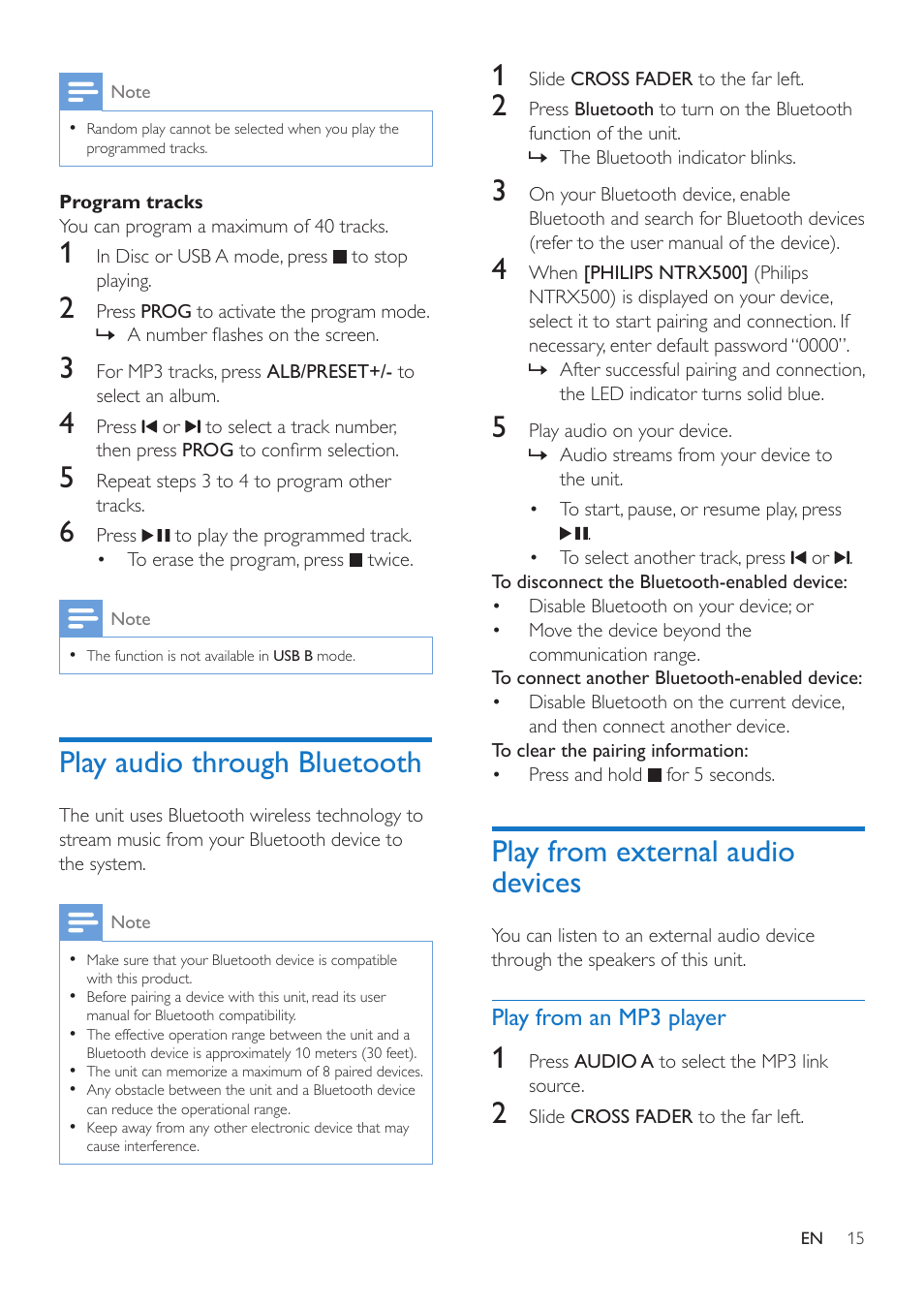 Play audio through bluetooth, Play from external audio devices | Philips Mini Hi-Fi System NTRX500 650W Bluetooth User Manual | Page 17 / 26