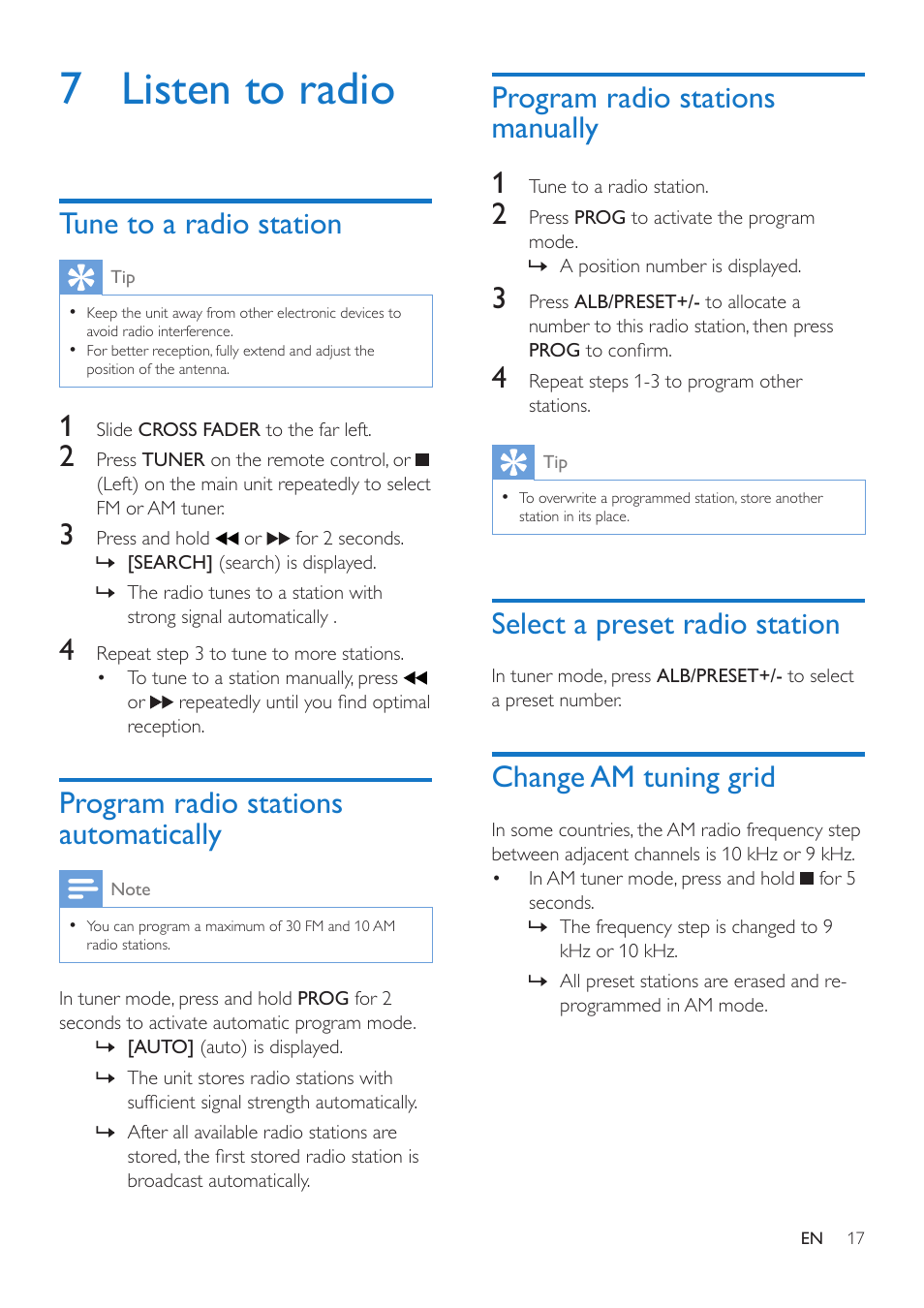 7 listen to radio, Tune to a radio station, Program radio stations automatically | Program radio stations manually, Select a preset radio station, Change am tuning grid, Program radio stations manually 1 | Philips Mini Hi-Fi System NTRX500 650W Bluetooth User Manual | Page 19 / 26