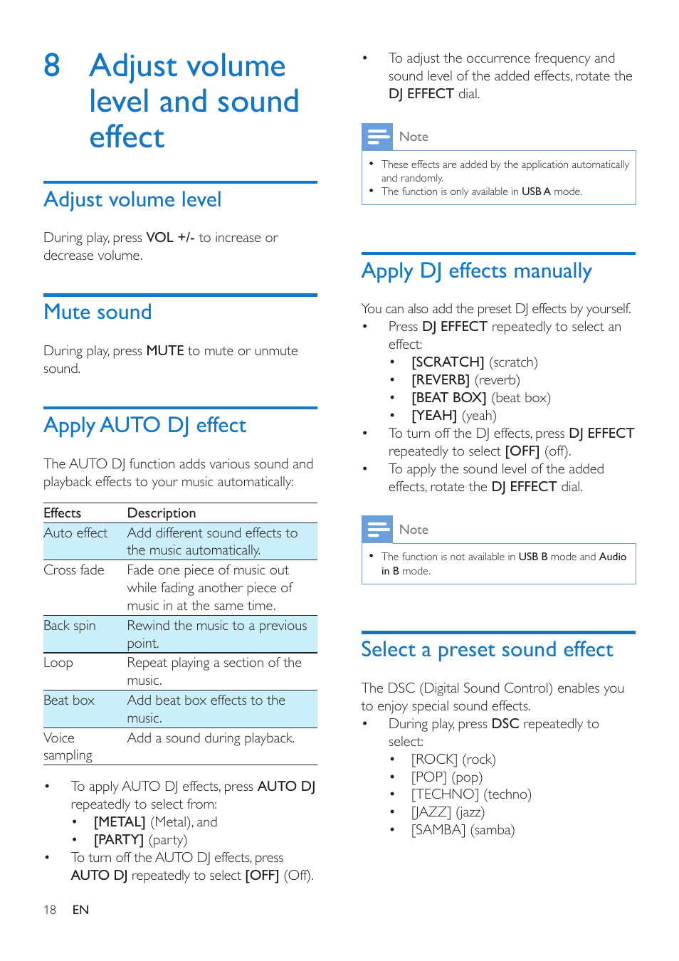 8 adjust volume level and sound, Effect, Adjust volume level | Mute sound, Apply auto dj effect, Apply dj effects manually, Select a preset sound effect, 8 adjust volume level and sound effect | Philips Mini Hi-Fi System NTRX500 650W Bluetooth User Manual | Page 20 / 26
