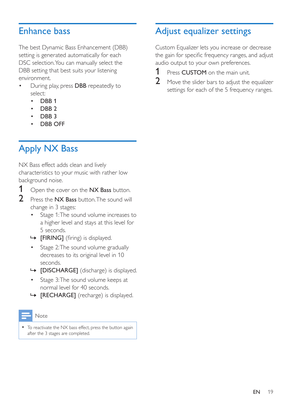 Enhance bass, Apply nx bass, Adjust equalizer settings | Philips Mini Hi-Fi System NTRX500 650W Bluetooth User Manual | Page 21 / 26