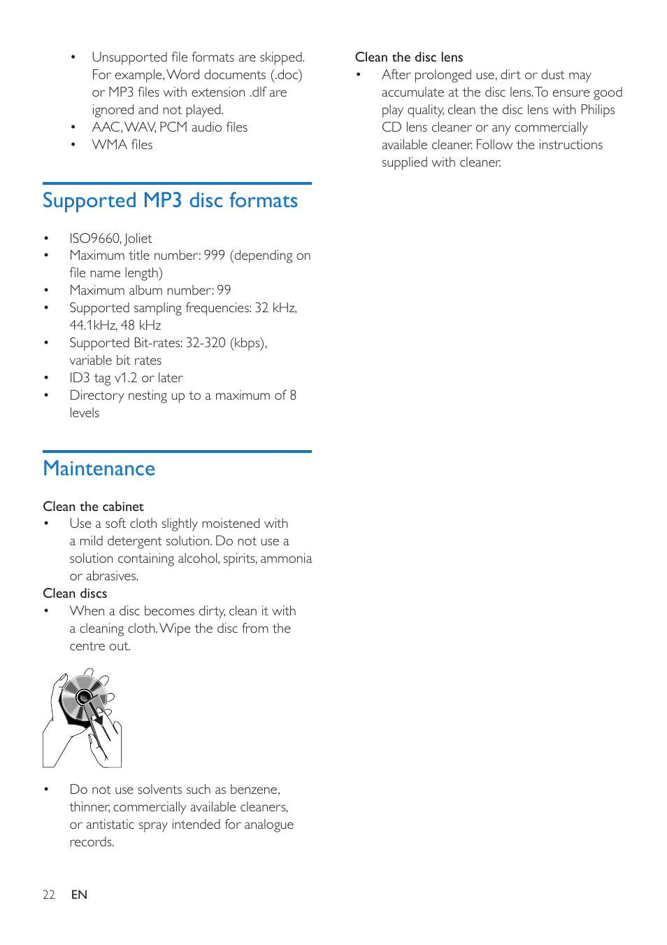 Supported mp3 disc formats, Maintenance 22, Maintenance | Philips Mini Hi-Fi System NTRX500 650W Bluetooth User Manual | Page 24 / 26