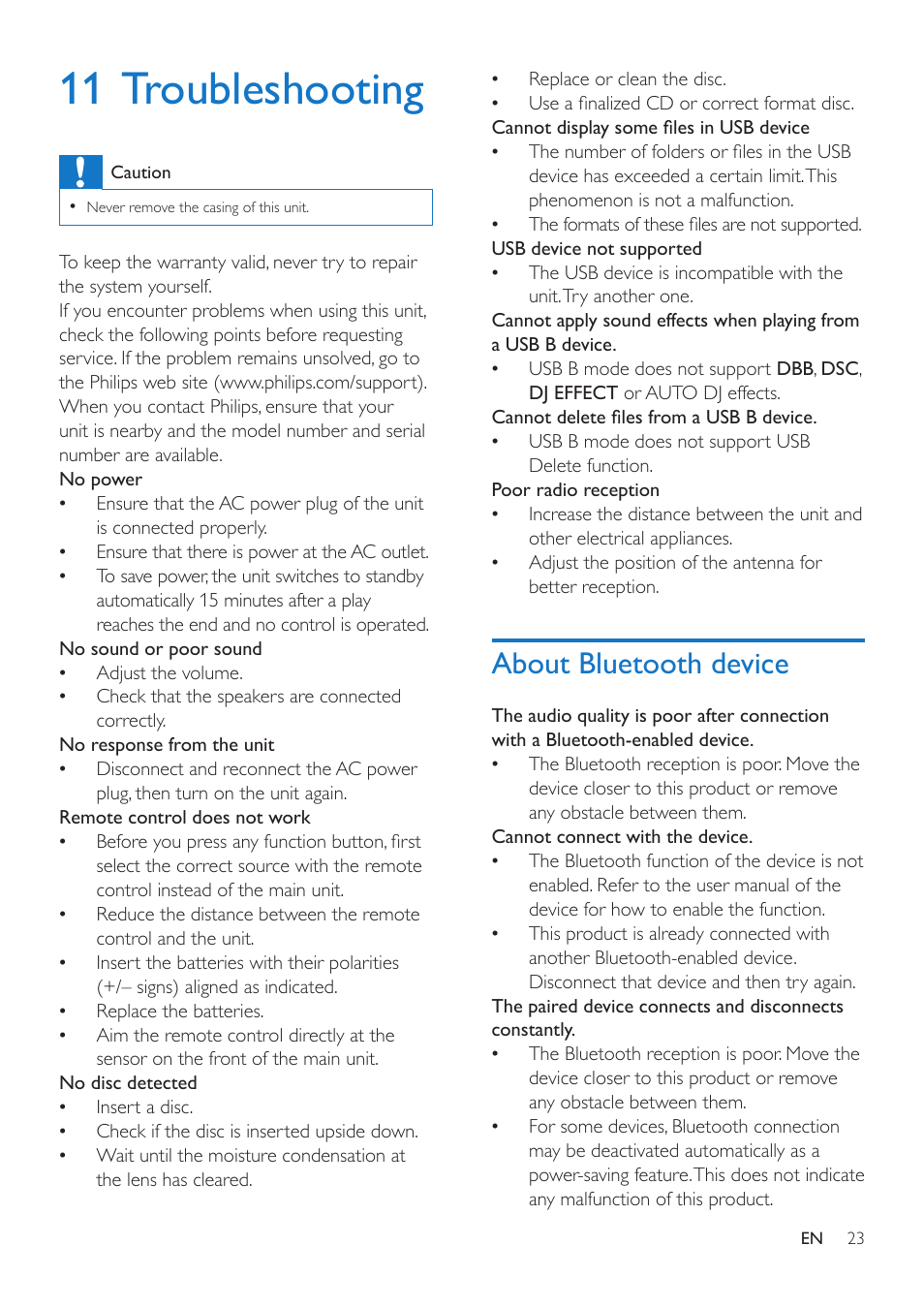 11 troubleshooting, About bluetooth device | Philips Mini Hi-Fi System NTRX500 650W Bluetooth User Manual | Page 25 / 26