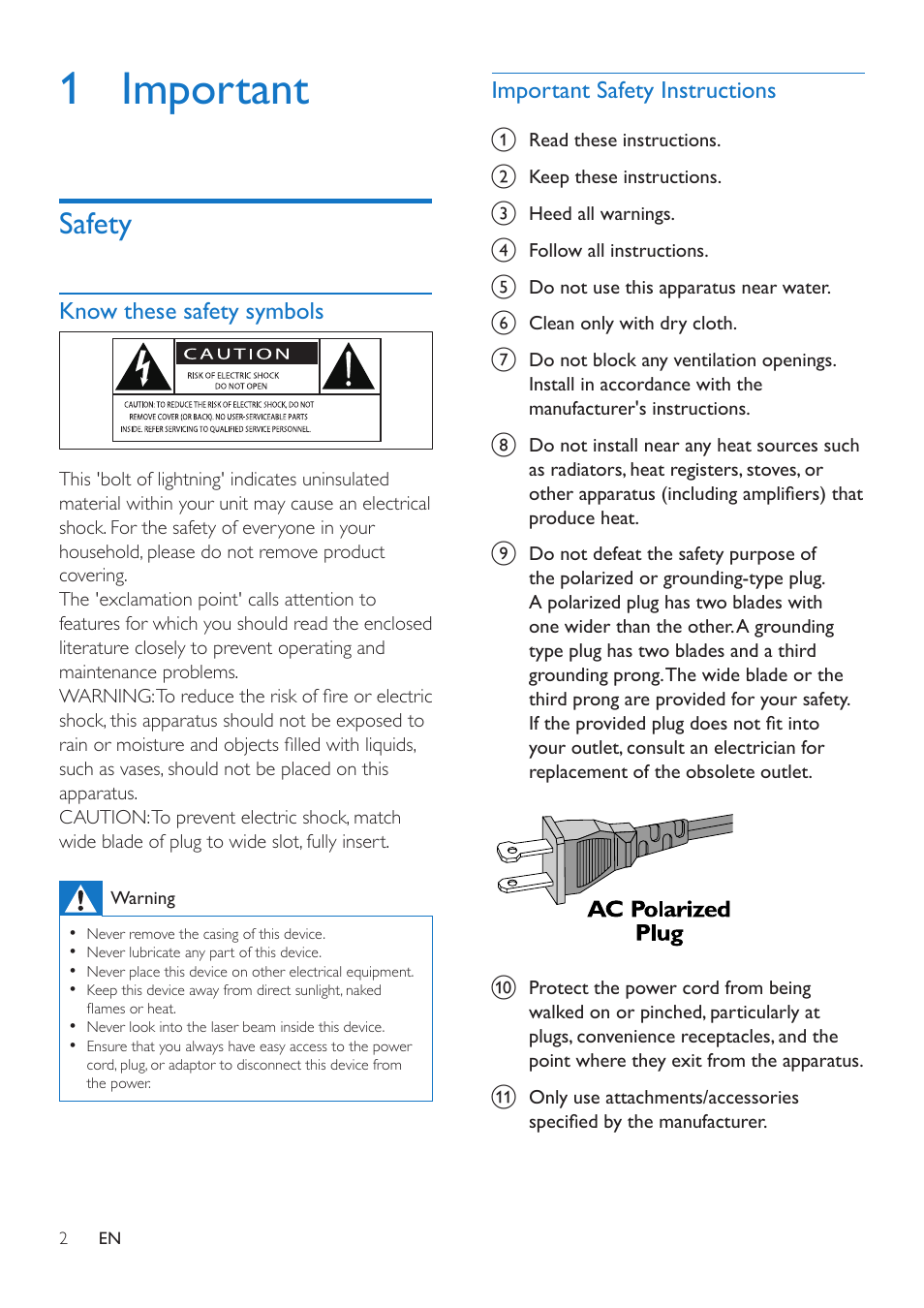 1 important, Safety 2, Safety | Philips Mini Hi-Fi System NTRX500 650W Bluetooth User Manual | Page 4 / 26