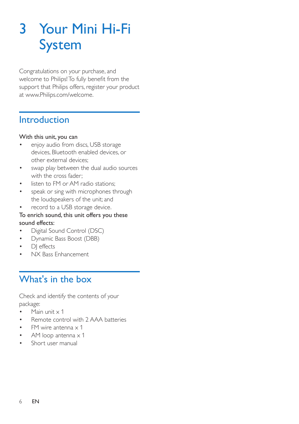 3 your mini hi-fi system, Introduction 6, What's in the box | Introduction | Philips Mini Hi-Fi System NTRX500 650W Bluetooth User Manual | Page 8 / 26