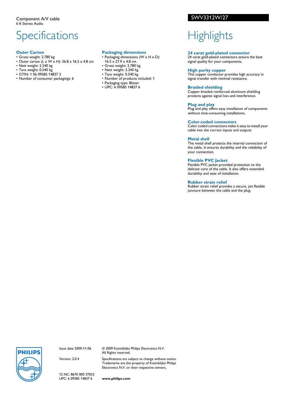 Specifications, Highlights | Philips SWV3312W-27 User Manual | Page 2 / 2