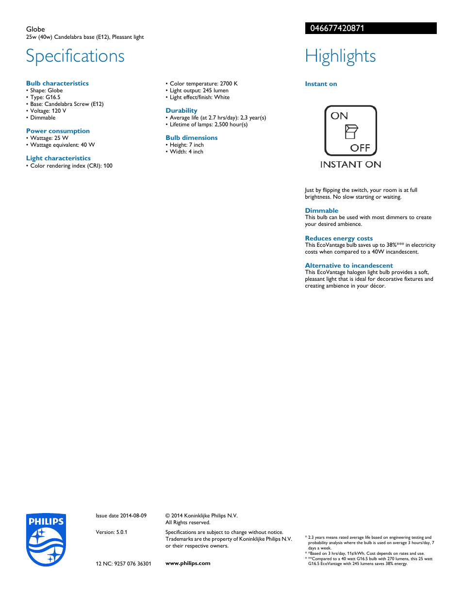 Specifications, Highlights | Philips EcoVantage Globe 046677420871 25w 40w Candelabra base E12 Pleasant light User Manual | Page 2 / 2