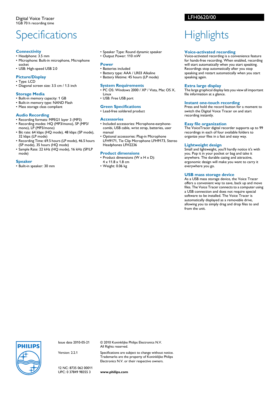 Specifications, Highlights | Philips LFH0620-00 User Manual | Page 2 / 2