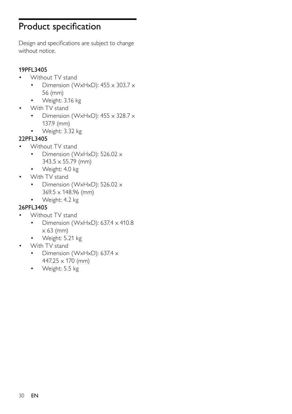 Product speciﬁcation | Philips LED TV 22PFL3405 56 cm 22" HD Ready with Digital Crystal Clear User Manual | Page 32 / 37