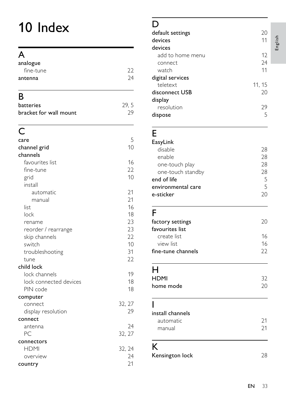 10 index | Philips LED TV 22PFL3405 56 cm 22" HD Ready with Digital Crystal Clear User Manual | Page 35 / 37