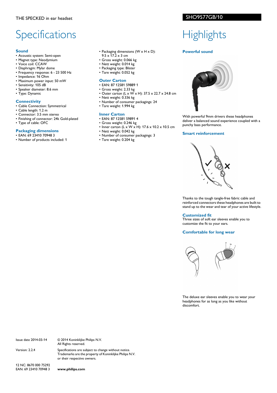 Specifications, Highlights | Philips SHO9577GB-10 User Manual | Page 2 / 2