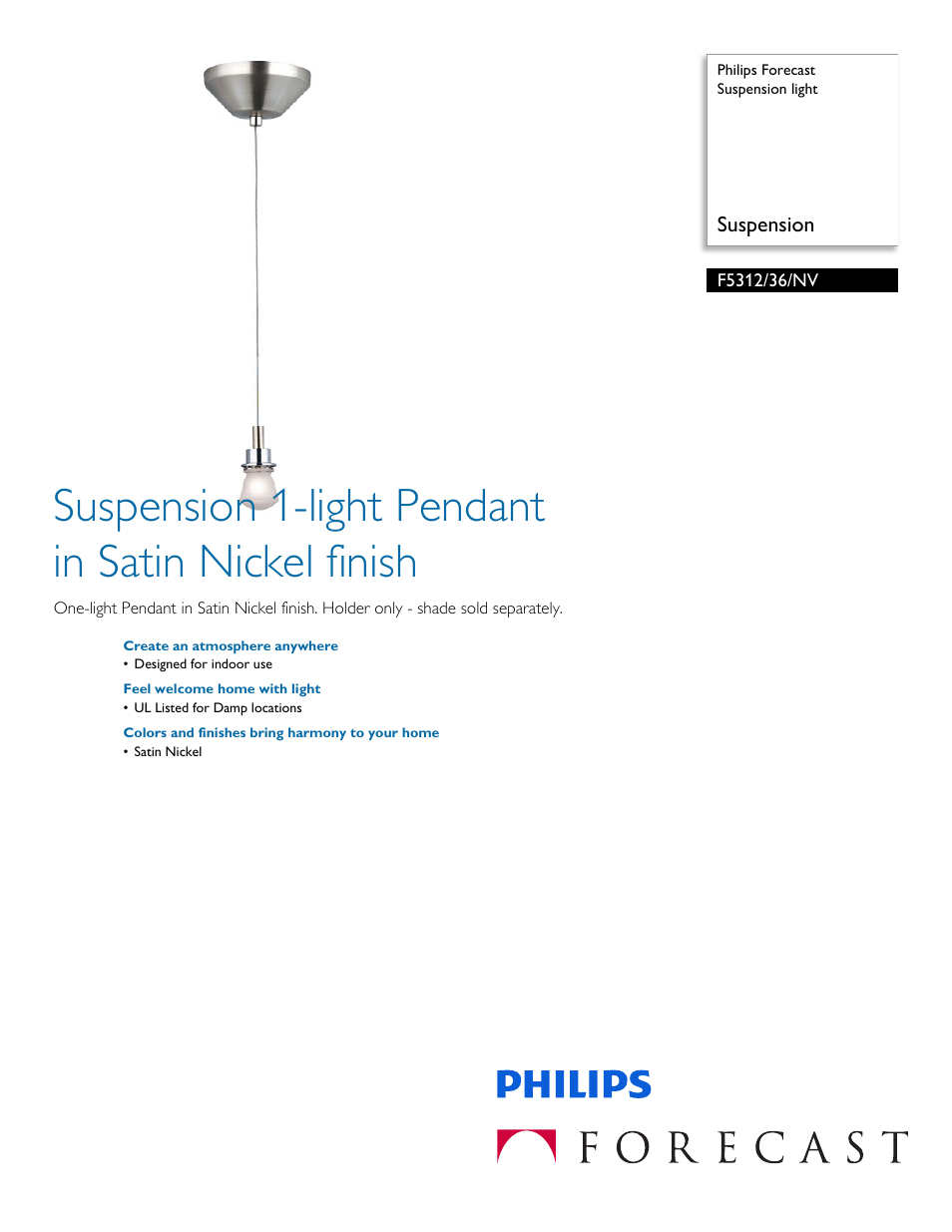 Philips Forecast Suspension light F5312-36-NV Suspension User Manual | 2 pages