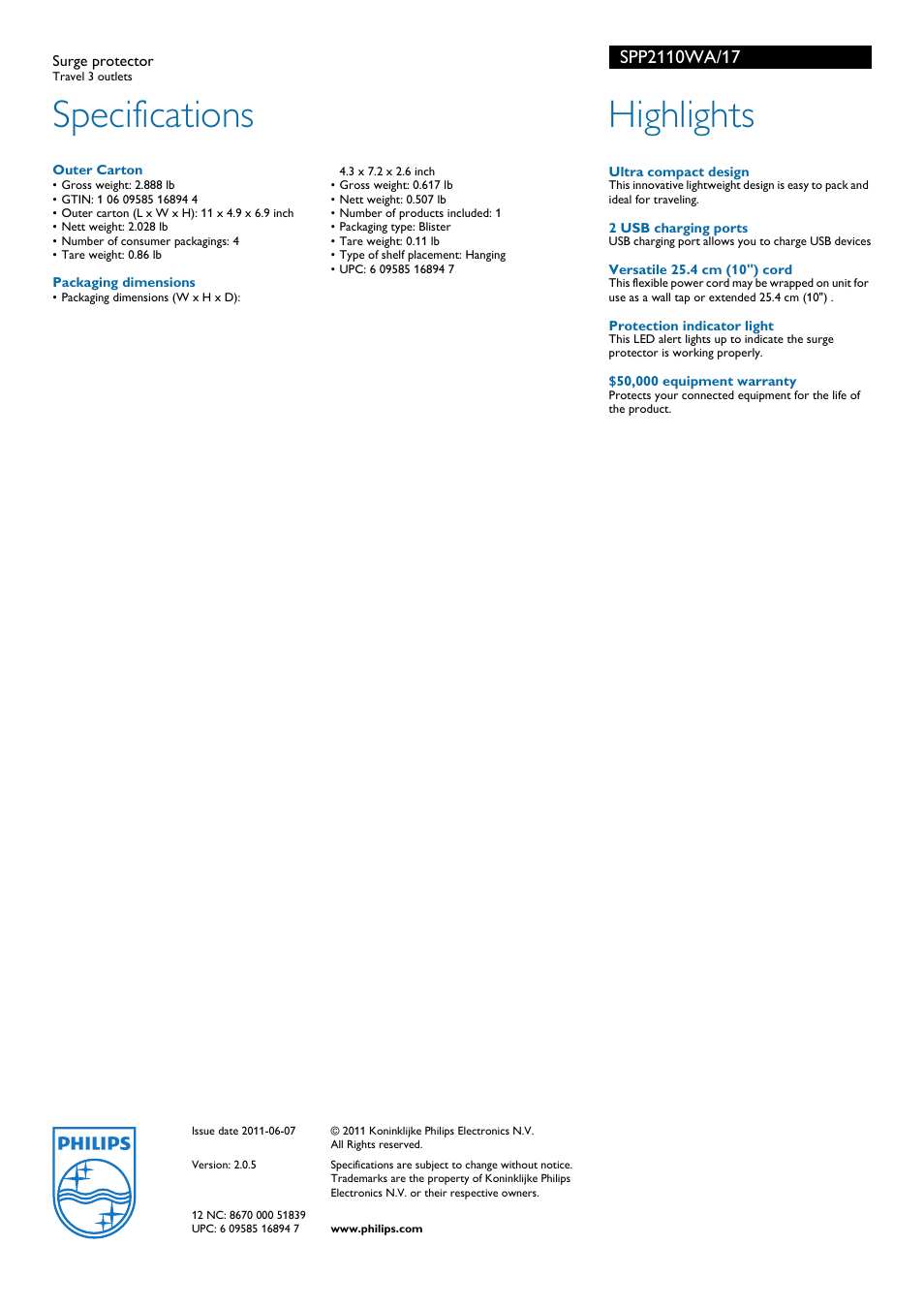 Specifications, Highlights | Philips SPP2110WA-17 User Manual | Page 2 / 2