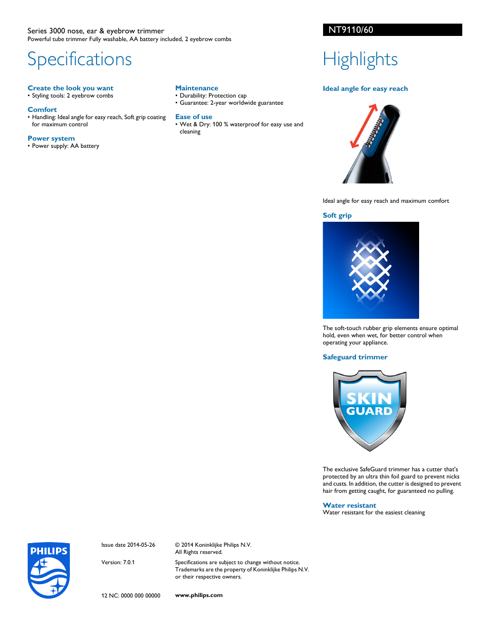 Specifications, Highlights | Philips NT9110-60 User Manual | Page 2 / 2