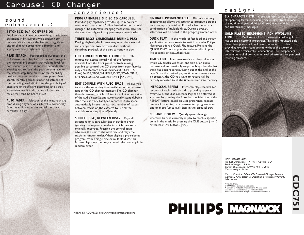 Cdc751, Carousel cd changer | Philips CDC751-17 User Manual | Page 2 / 2