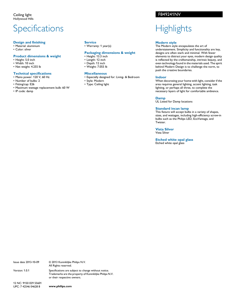 Specifications, Highlights | Philips F849241NV User Manual | Page 2 / 2