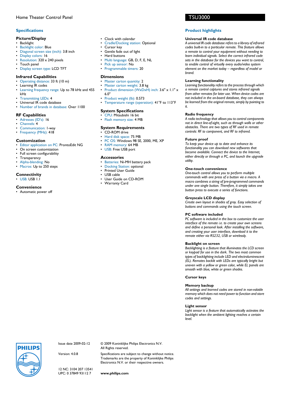 Tsu3000 | Philips TSU300099 User Manual | Page 2 / 2