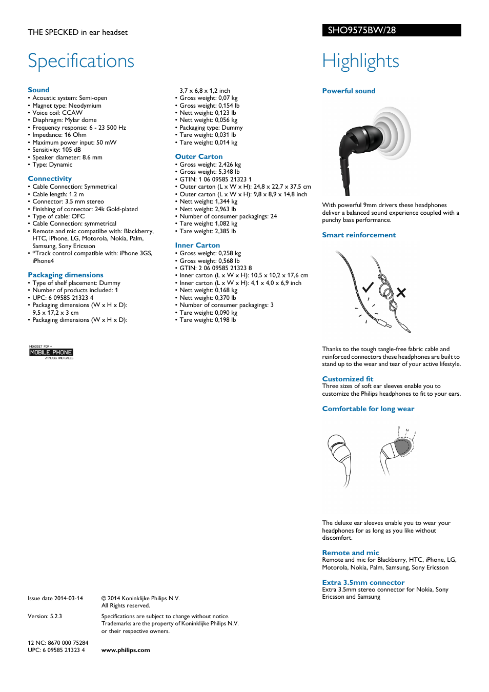 Specifications, Highlights | Philips SHO9575BW-28 User Manual | Page 2 / 2