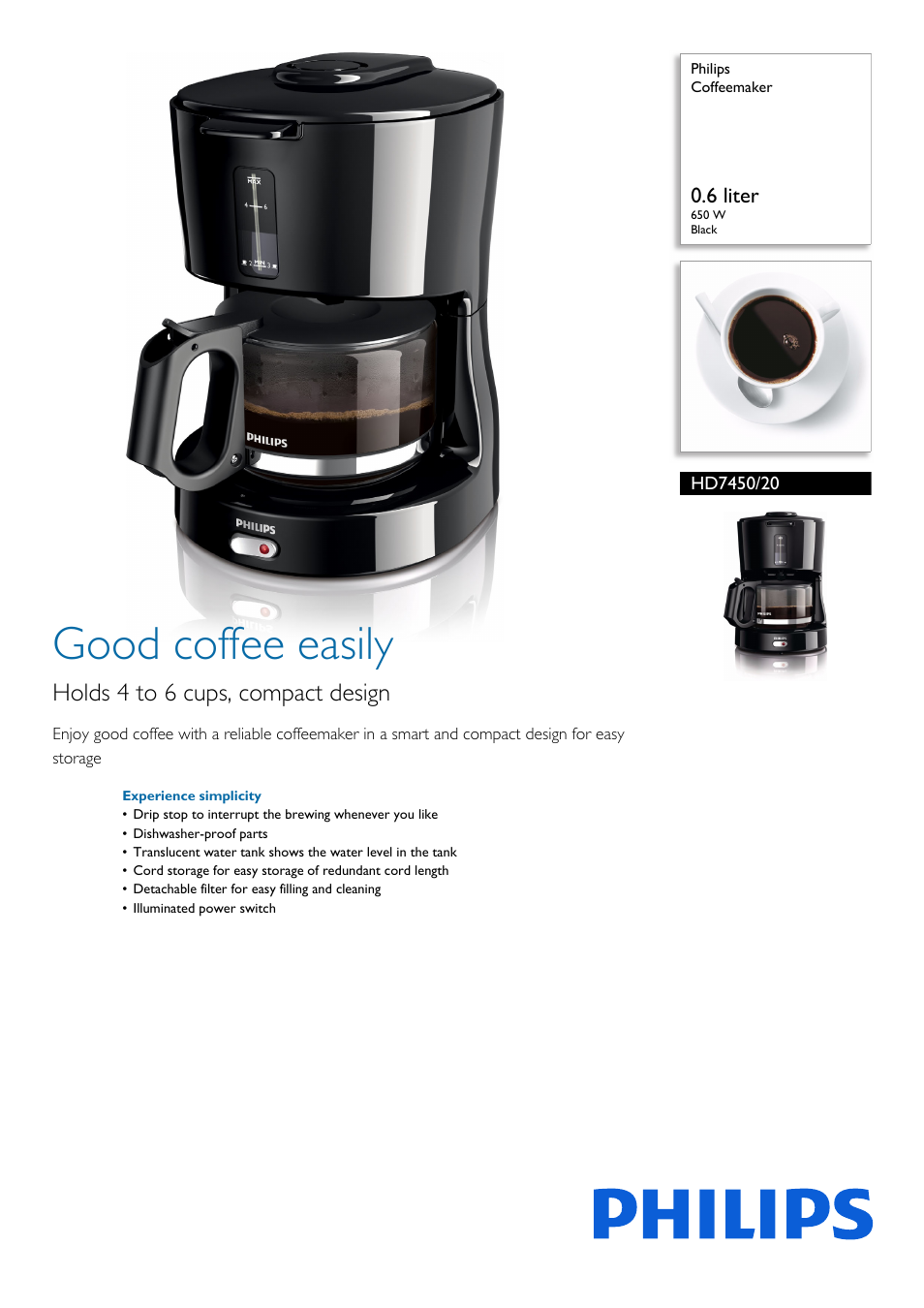 Philips Daily Collection Coffee maker HD7450-20 With glass jug Black User Manual | 2 pages