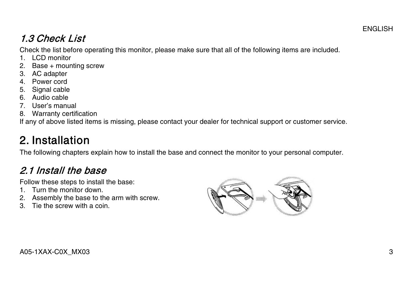 Installation, 3 check list, 1 install the base | Atlantis Land A05-15AX-C07 User Manual | Page 10 / 57