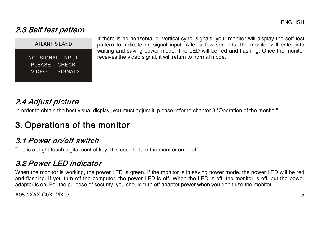 Operations of the monitor, 3 self test pattern, 4 adjust picture | 1 power on/off switch, 2 power led indicator | Atlantis Land A05-15AX-C07 User Manual | Page 12 / 57