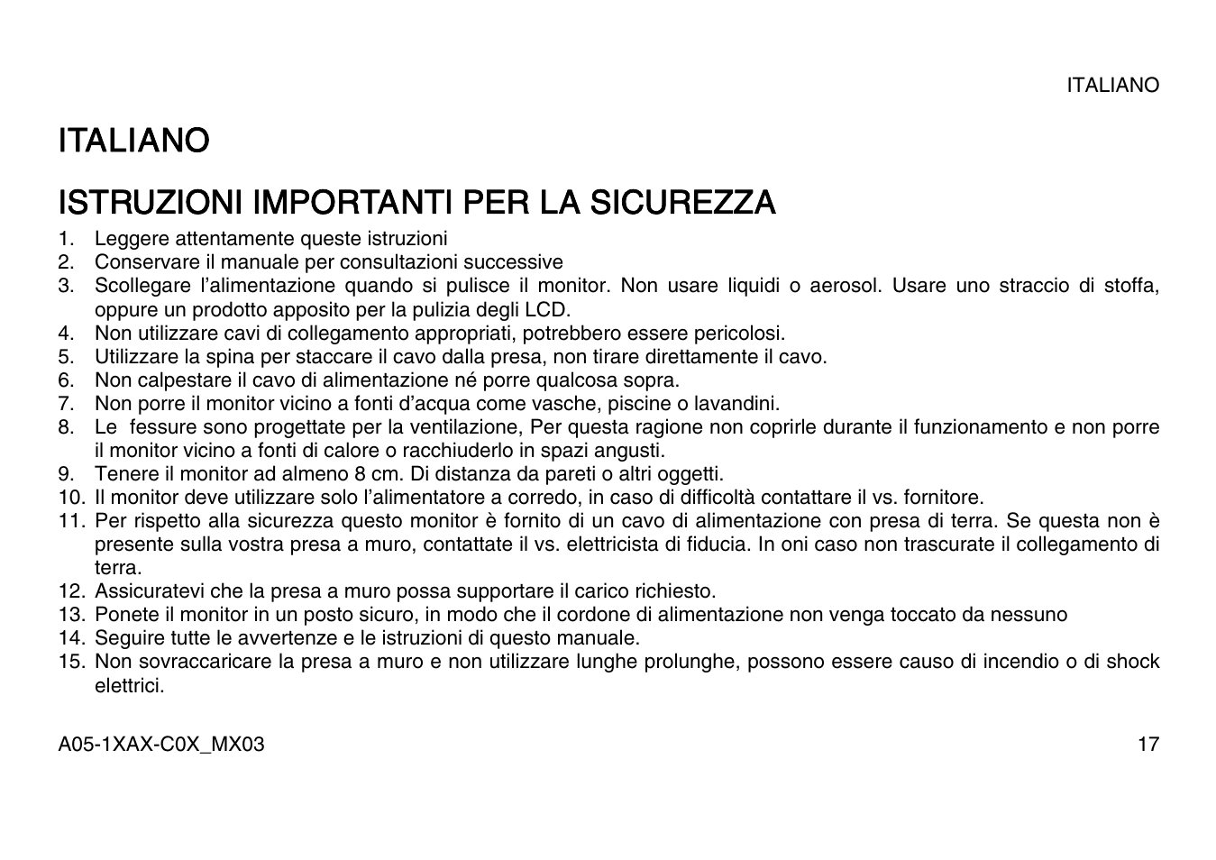 Italiano istruzioni importanti per la sicurezza | Atlantis Land A05-15AX-C07 User Manual | Page 24 / 57